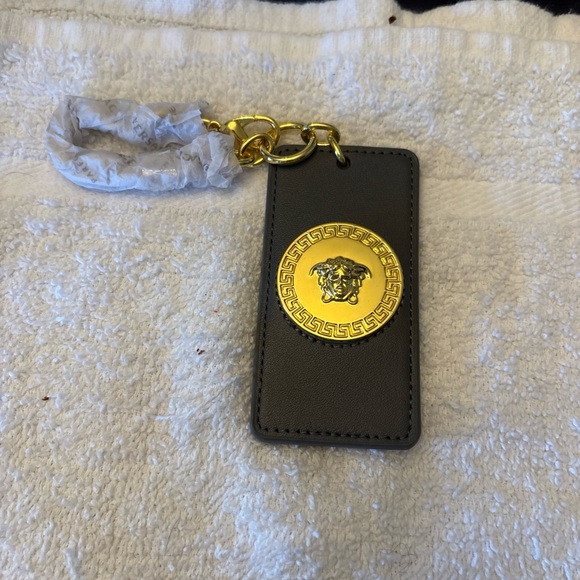 Versace Accessories - Versace Gray Leather Medusa Keychain Tag with Gold Tone Medallion